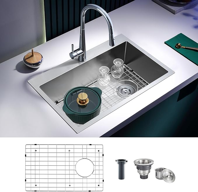 26 inch Drop-in Kitchen Sink Single Bowl, Topmount Kitchen Sink with Protective Bottom Grid, Overmount 304 Stainless Steel Kitchen Bar Sink Handmade with Basket Strainer, 26×18×9 inch