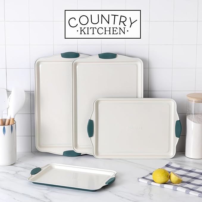 Country Kitchen Nonstick Stackable Bakeware Set - Heavy Duty, Durable, Easy Release Baking Set, Sage, 4 Pcs