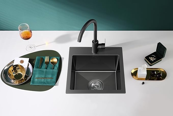 15 inch Drop in Bar Sink Black, Small Topmount Kitchen Sink Single Bowl, Handmade T-304 Stainless Steel Overmount Kitchen Bar Sink with Basket Strainer