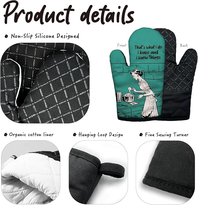 That's What I Do I Bake and I Know Things Funny Oven Mitts with Hanging Loop and Silicone Non-Slip, Housewife Baking Kitchen Utensils 2-Piece Set, Gifts for Bake Lover Mom Wife Sister