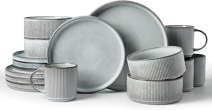 Famiware Star Dinnerware Set with Mugs, Service for 4 (16pcs), Ribbed Stoneware Plates and Bowls Dishes Sets - Chip & Scratch Resistant, Microwave & Dishwasher Safe, Smoky Blue