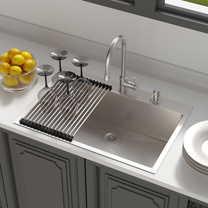 Lordear 30 inch Drop In Kitchen Sink Stainless Steel 16 Gauge Single Bowl Topmount Rectangular Round Corner Kitchen Sinks Overcounter Basin