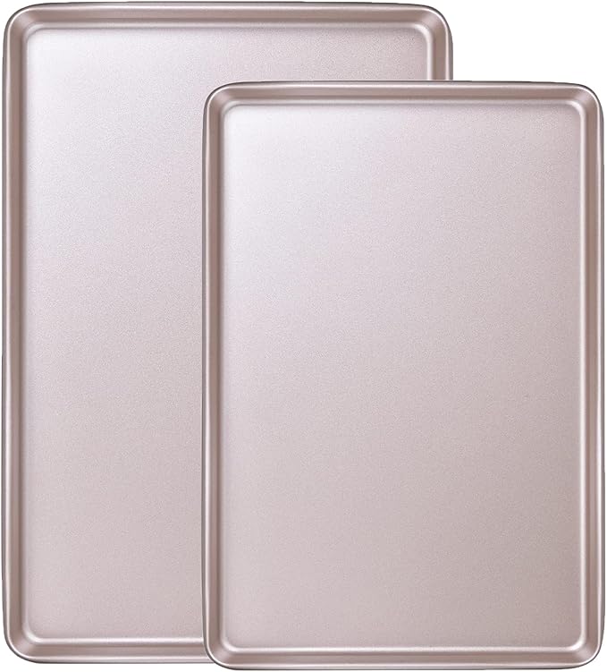 2-Piece Heavy Duty 0.8mm Baking Sheet Pan Set Quarter(9x13in)& Jelly Roll(10x15in), 2 Pack Baking Sheets Non Stick, Cookie Sheet Pan for Oven (Champagne Gold, 15.7"x10.6"/13.5"x9.6")