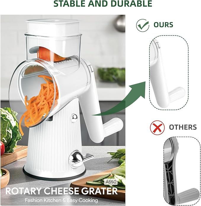 TOPAA Rotary Cheese Grater with Handle Vegetable Shredder with 5 Blades, Round Mando line Slicer and Food Chopper for Kitchen (White)