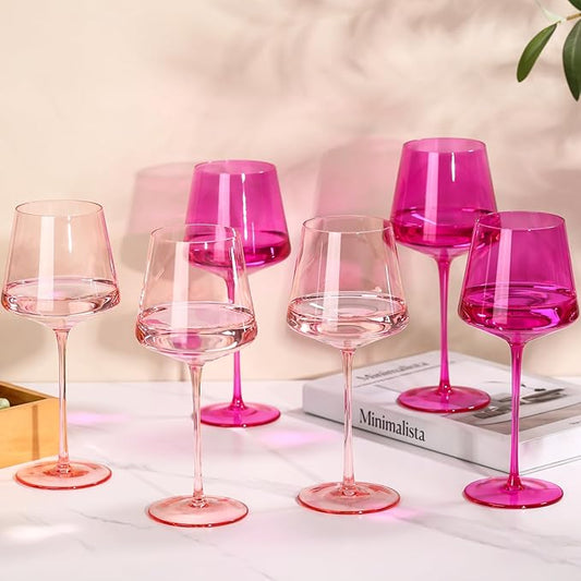 Hot Pink Wine glasses set-Magenta&Blush Pink Colored Wine Glasses Set of 6 Gifts for Women Hand-Blown Colored Morden Crystal Glassware for Lady Bachelorette,Party,Celebration,Birthday