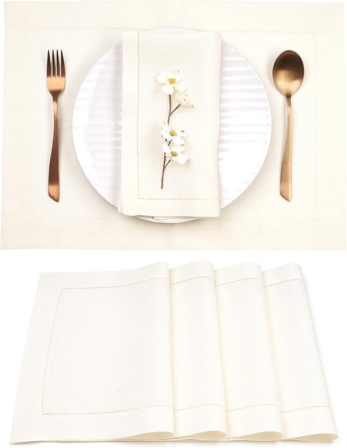 D'Moksha Homes Linen Placemats Set of 4 - Classic Hemstitch Ivory Placemats 14 x 19 Inch - 100% Pure Linen Table Mats for Fall, Thanksgiving, Christmas, Holiday - Handcrafted and Machine Washable