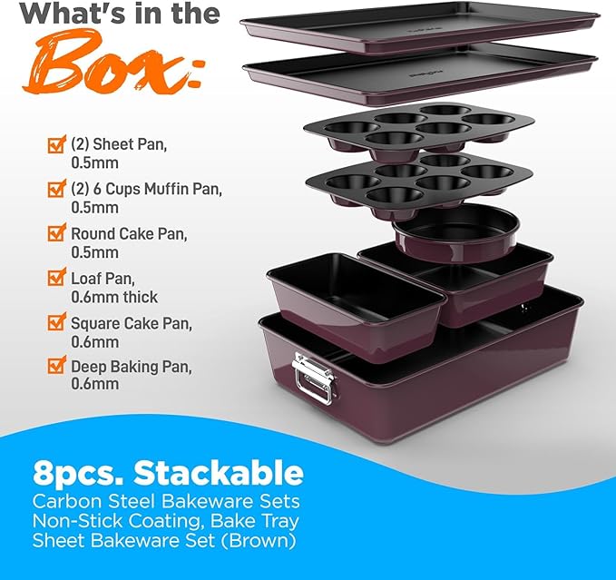 NutriChef 8-Piece Nonstick Stackable Bakeware Set - PFOA, PFOS, PTFE Free Baking Tray Set w/Non-Stick Coating, 450°F Oven Safe, Round Cake, Loaf, Muffin, Wide/Square Pans, Cookie Sheet (Plum)