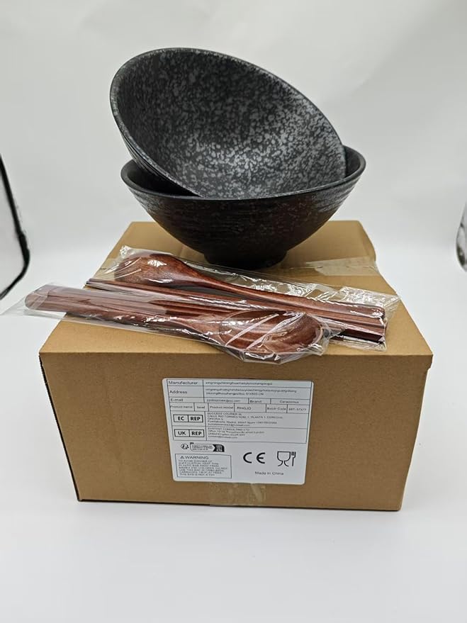 2 x 40 OZ ceramic ramen bowls, 8 IN large Japanese noodle soup bowl, match chopsticks and spoons, suitable for Pho, Udon Asian noodles (Black color 2 set)