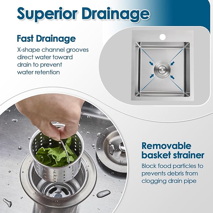 ROVOGO 15x17x8 in. Drop in Bar Prep Sink 304 Stainless Steel, 1-Hole Single Bowl Kitchen Sink with Basket Strainer, Small Secondary Entertainment Wet-Bar Sinks, Brushed