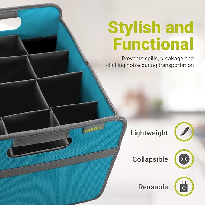 meori B100297 Azure Foldable Wine Carrier 12 Slot Blue Collapsible Liquor Storage Travel Carry Case Bottle Shopping Car RV Beach Lake Park