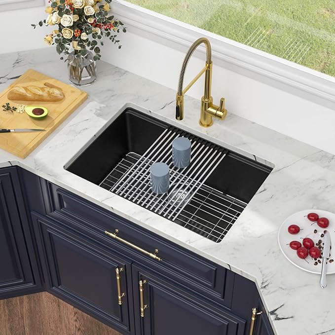 Kichae 28 inch Granite Composite Undermount Kitchen Sink - 28 x 19 Single Bowl Kitchen Sink Matte Black Quartz Workstation Kitchen Sink