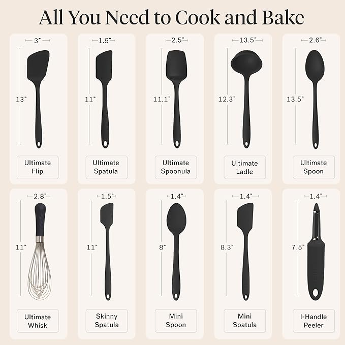 GIR: Get It Right 10-Piece Cooking Utensils Set - Black Silicone - Spatula Set, Silicone Spatulas & Kitchen Spoons - Heat-Resistant up to 425°F - Nonstick Cookware-Friendly - Dishwasher-Friendly
