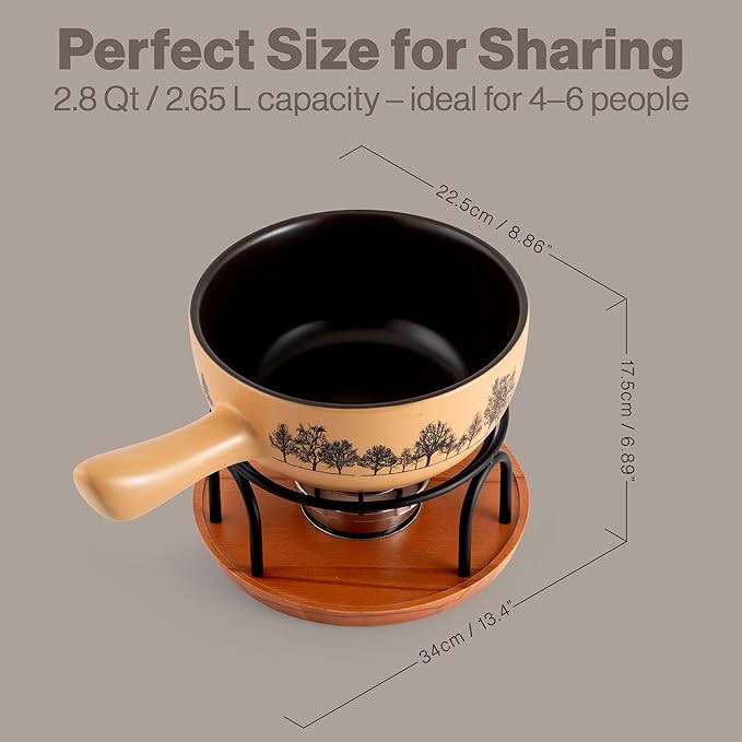Swissmar Jura Ceramic Cheese & Chocolate Fondue Set, 2.65L / 2.8QT – 9-Piece Fondue Maker with Ceramic Pot, Forks, Burner & Beechwood Base – Perfect for Family Gatherings & Entertaining