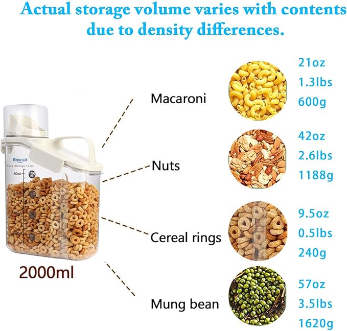 Cereal Containers Storage,2L Airtight Large Dry Food Storage Containers with Pouring Spout, Measuring Cup for Flour and Grain,BPA Free Plastic Dispenser