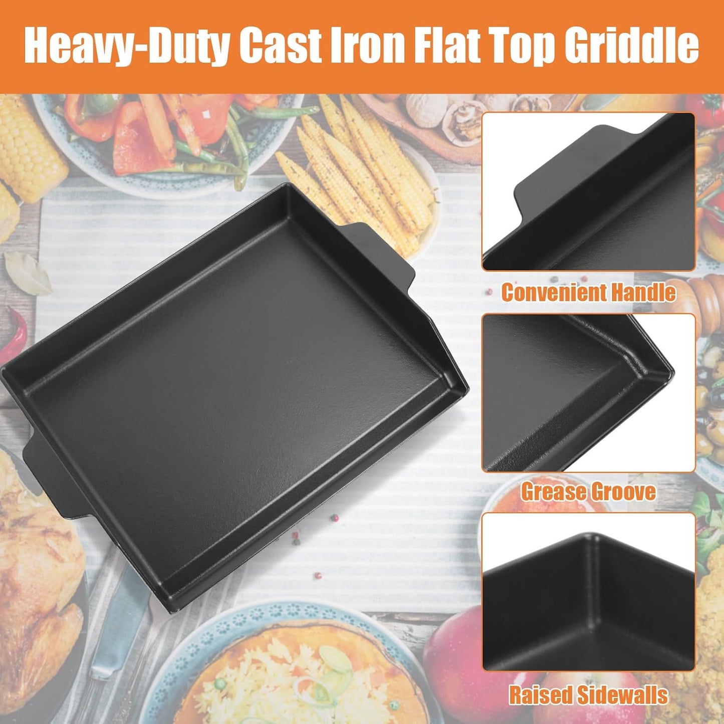 Universal Cast Iron Cooking Griddle Insert,Pre-Seasoned Nonstick Coating Griddle Pan for Gas Grill,BBQ Flat Top Grill Plate with High Sidewalls for All Grills and 4 Burner Range Oven,18.5"x14"