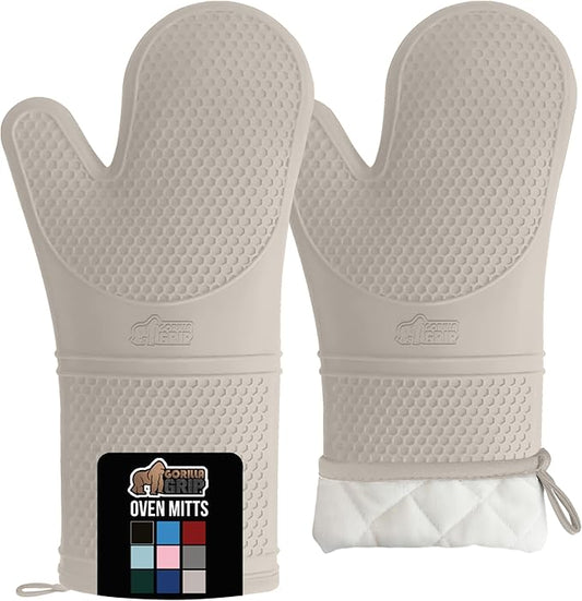 GORILLA GRIP BPA-Free Soft Silicone Oven Mitts, 14.5x8.3, Heat Resistant and Waterproof Cooking Gloves, Thick Cotton Lining, Flexible Gripping for Baking Grilling, Kitchen Potholders Set of 2, Almond