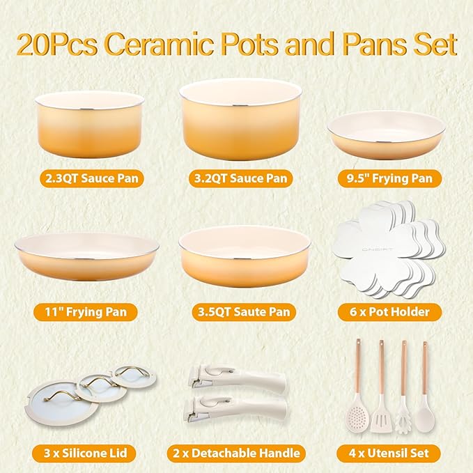 20pcs Ceramic Cookware Set Nonstick, Detachable Handle Pots and Pans Set, Non Toxic,No PFAS & PTFE & PFOA, Dishwasher/Oven Safe, RV Kitchen Set Removable Handle for Cooking, Yellow