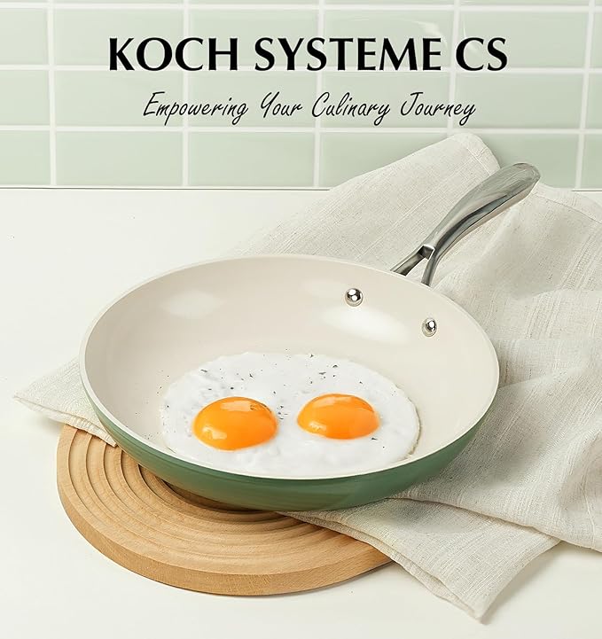 KOCH SYSTEME CS 10 Inch Nonstick Frying Pan with Lid, Non Stick Ceramic Frying Pan with Stay-Cool Stainless Steel Handle, Induction Compatible Skillet, PTFE & PFOA Free, Oven Safe, Sage Green