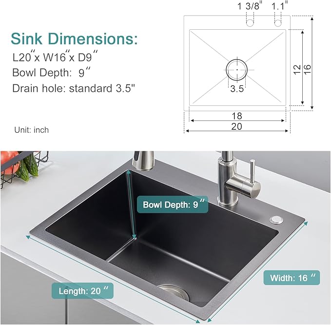 20 × 16 inch Drop-in Kitchen Sink Black, Top-mount Stainless Steel Kitchen Sink Single Bowl, Overmount Kitchen Bar Sink Single Basin