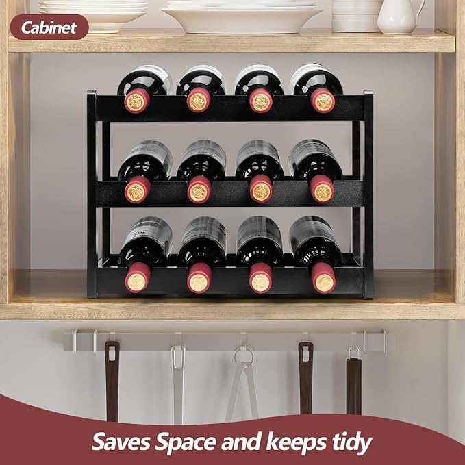 Bamboo Wine Rack, Sturdy and Durable Wine Storage Cabinet Shelf, Wine Racks Countertop for Pantry - 3 Tiers 12 Bottle Wine Rack, Black