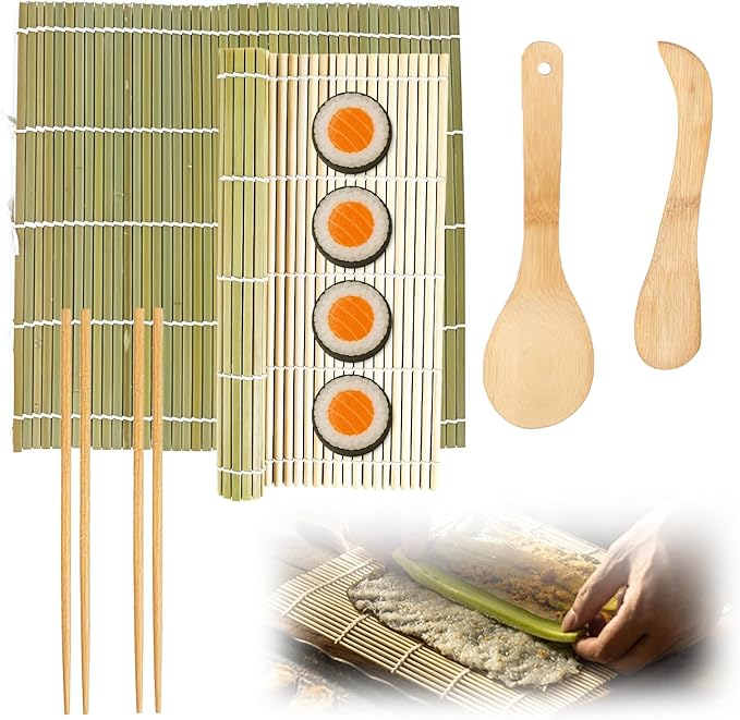 Sushi Making Kit, 6 PCS Beginner Sushi Maker Set, Including 2 Green Bamboo Rolling Mats, 2 Pairs Chopsticks, 1 Paddle,1 Spreader, Natural Bamboo Material, Ideal Gift for Kids, Friends, Home Chef
