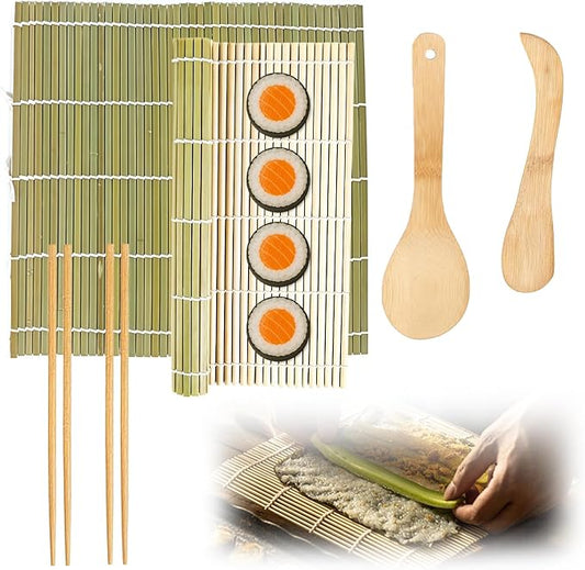 Sushi Making Kit, 6 PCS Beginner Sushi Maker Set, Including 2 Green Bamboo Rolling Mats, 2 Pairs Chopsticks, 1 Paddle,1 Spreader, Natural Bamboo Material, Ideal Gift for Kids, Friends, Home Chef