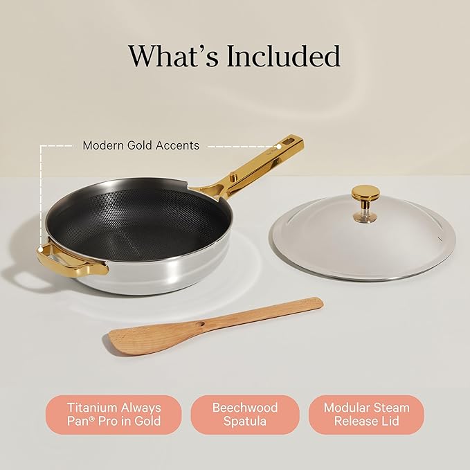 Our Place Titanium Always Pan Pro - 10.6” (2.8 Qt) No-Coating Nonstick Skillet | Tri-Ply Titanium & Stainless Steel | Safe for Oven, Induction & All Cooktops up to 750°F | Includes Spatula | Gold