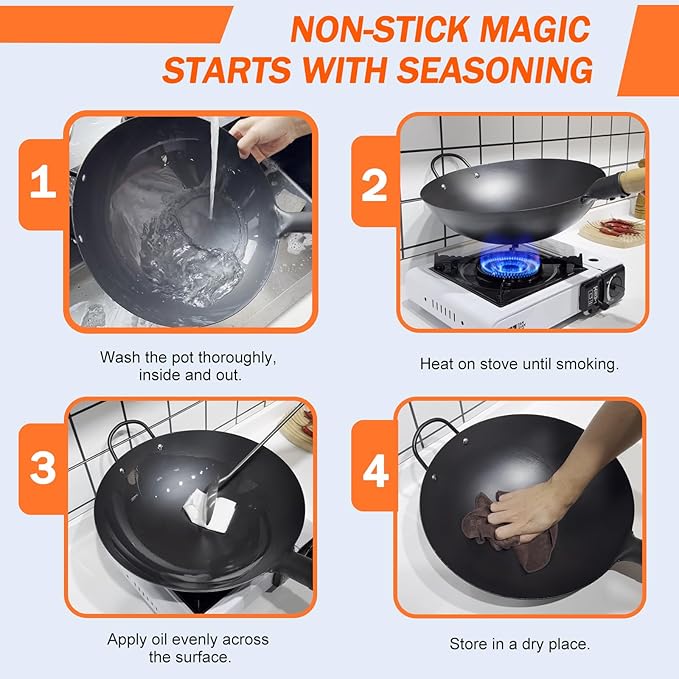 WANGYUANJI Iron Wok,13.38 inchTraditional Round-Bottom Wok, Chef’s Professional Stir-Fry Pan with Wooden Handle, Chemical-Free Wok for Gas Stoves and Round-Bottom Induction Stovetop(No lid included)