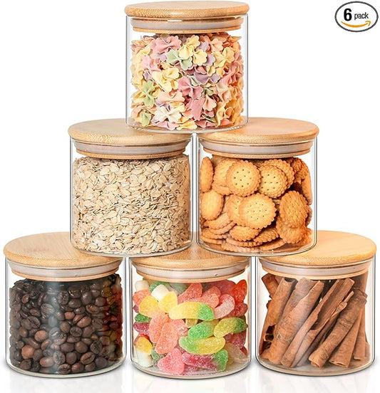Glass Food Storage Jars 6-Pack - 4x4 in-Clear Glass Food Canisters with Bamboo Lid Airtight For Serving Tea, Coffee, Flour, Sugar, Candy, Cookie, Spice and More (Circular)