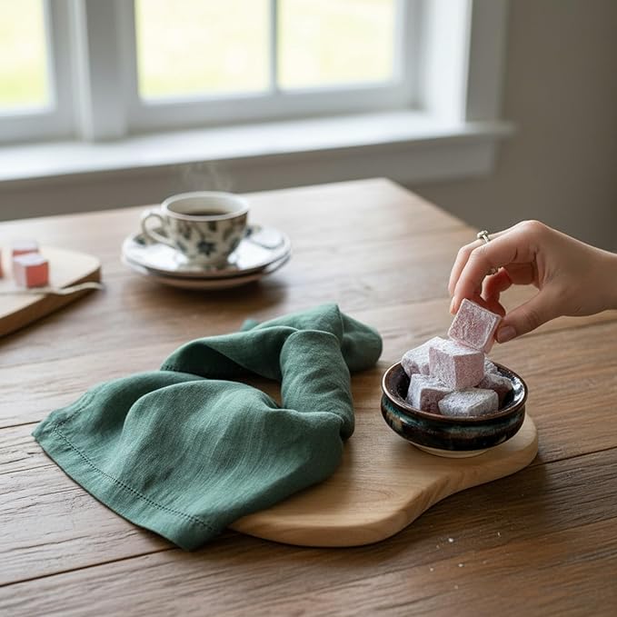 Hemstitched Linen Napkins – 20 Inch x 20 Inch – Stonewashed Pure Linen Cloth Dinner Napkins with Mitered Corners - 100% French Flax – Machine Washable - Set of 4 (Soft Rustic Green)