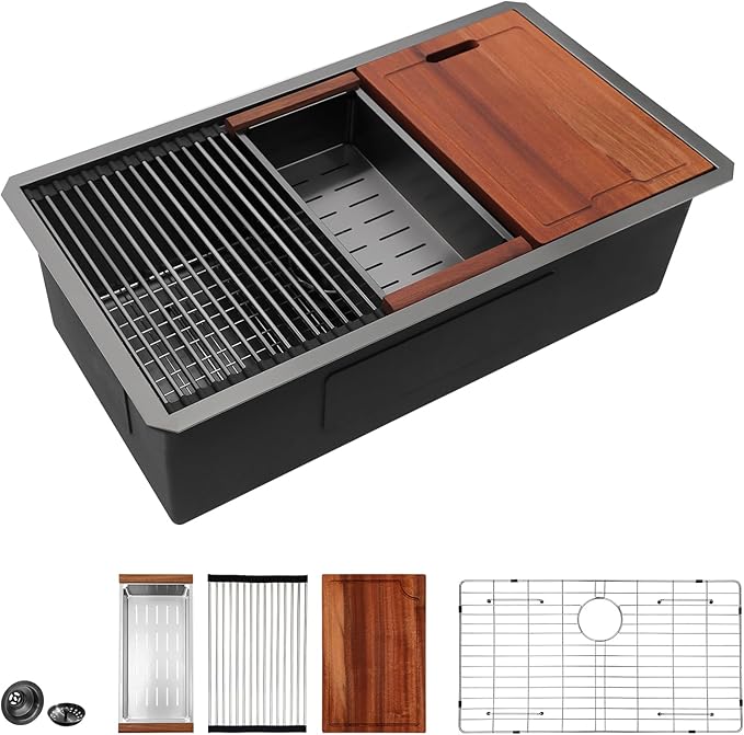 Lordear 33 Inch Black Undermount Kitchen Sink Workstation 16 Gauge Stainless Steel Single Bowl with Built-in Accessories, 33x19x9 Inch Gunmetal Black Nano-pvd
