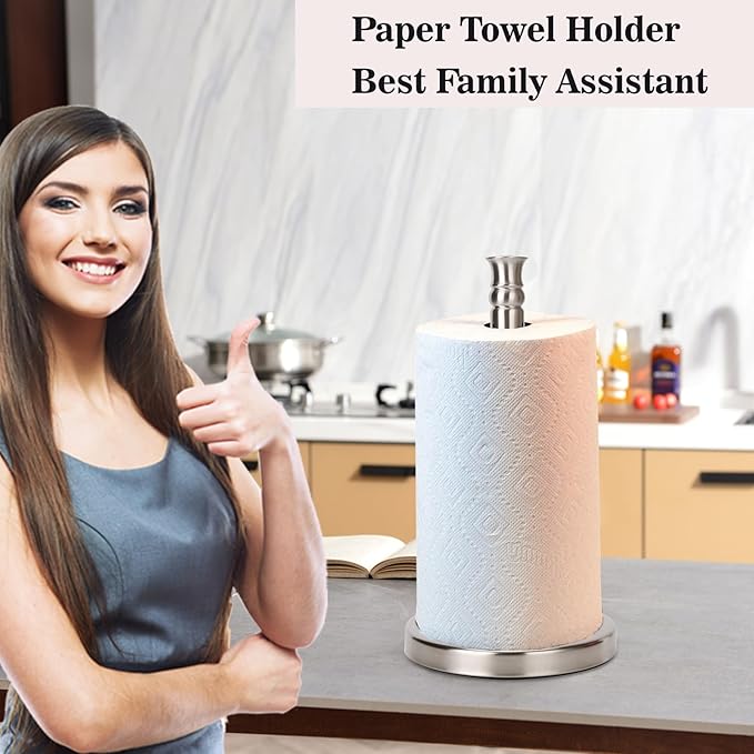 Paper Towel Holder Countertop, Standing Paper Towel Roll Holder for Kitchen Bathroom, with Weighted Base for One-Handed Operation, No Wobbly (Brushed Nickel)