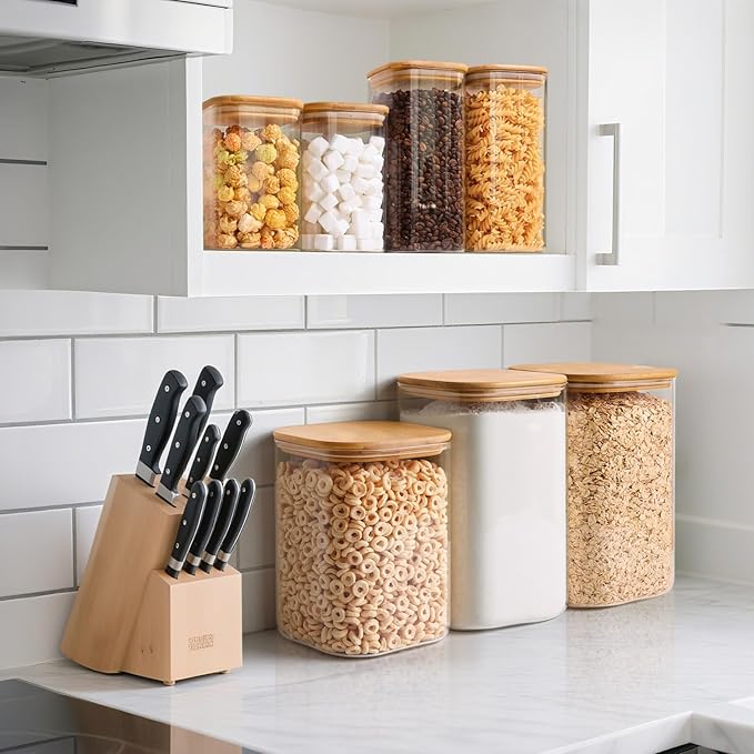ComSaf 3.6Qt Glass Food Storage Containers, Cereal Storage Containers with Airtight Lids, Large Square Glass Jars with Bamboo Lids, for Rice, Pasta, Oats, Grains, Coffee Beans