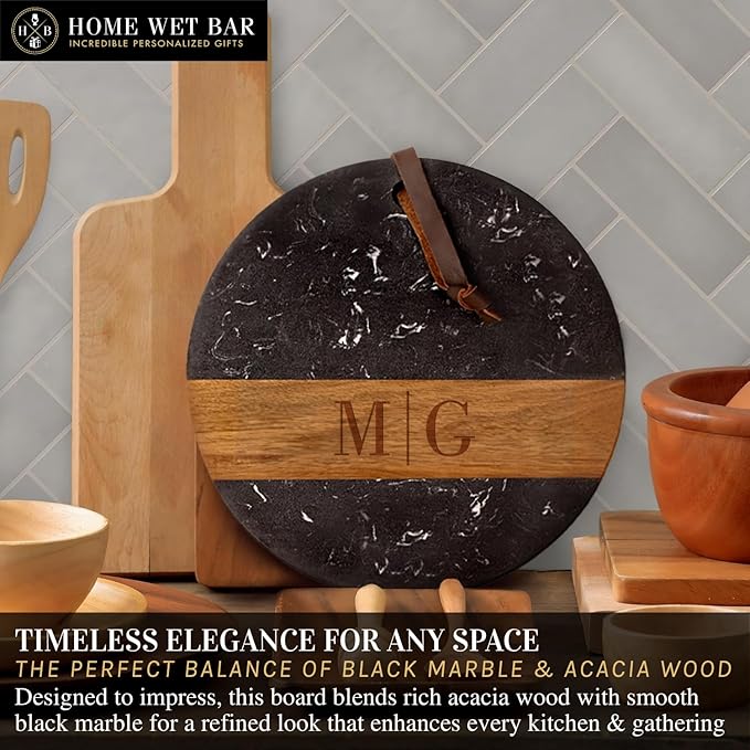 HomeWetBar Personalized Charcuterie Board | Custom 12" Round Black Marble & Acacia Wood Cheese Board | Perfect Housewarming + Wedding + Couples Gift Idea