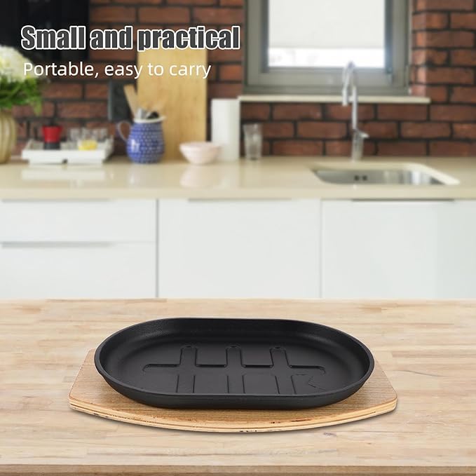 Cast Iron Flat Skillet Set: Pre-Seasoned Steak Plate with Wooden Base - Sizzling Fajita Grills Pan - Nonstick Cooking Pan for Restaurant Catering BBQ Outdoor Campfire