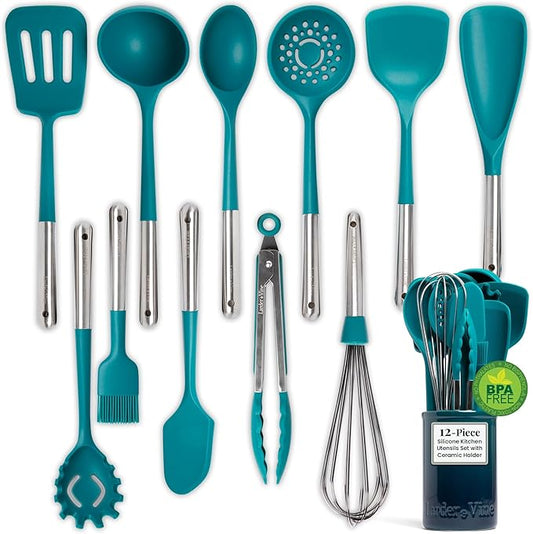 Larder & Vine 12-Piece Silicone Kitchen Cooking Utensils Set with Stainless Steel Handle and Ceramic Holder, Dishwasher Safe Set of Kitchen Essentials (Bondi)