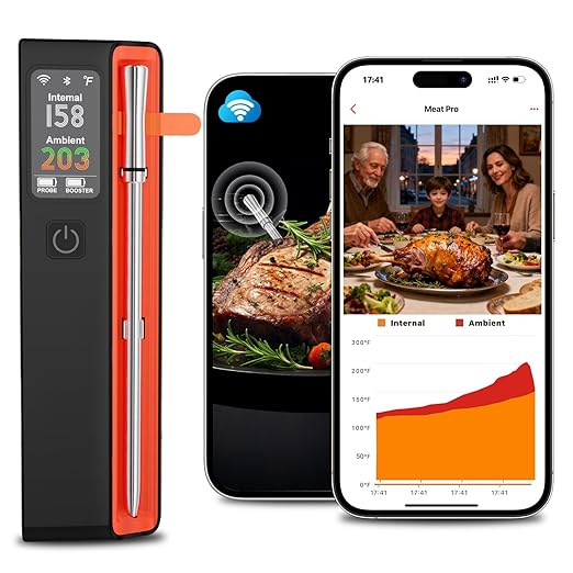 Wireless Bluetooth Smart Meat Thermometer - WiFi Unlimited Range, 1 Ultra-Thin Probe, 6 Sensors with NIST Certified Accuracy, for BBQ, Grill, Oven, Smoker, Rotisserie - iOS & Android App