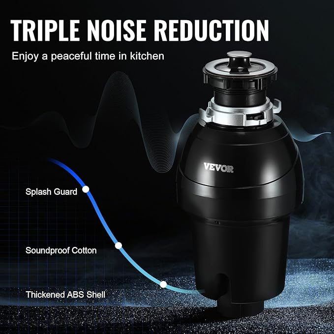 VEVOR Garbage Disposal, 1HP 3270RPM DC Motor, Continuous Feed Food Waste Sink Disposer, EZ Connect Food Waste Grinding System with Sound Reduction, Power Cord and Splash Guard, for Kitchen