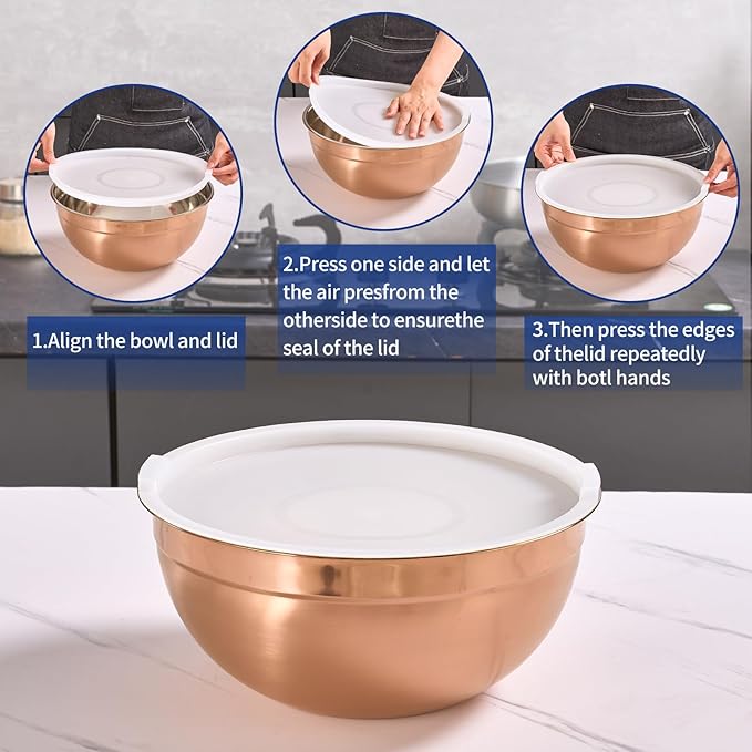 Rose Gold Mixing Bowls with Airtight Lids, Stainless Steel Nesting Mixing Bowls Set of 5, Ideal for Baking, Prepping and Serving Food, Size 5.5, 3.6, 2.7, 2.1, 1.5, QT, Stackable Design