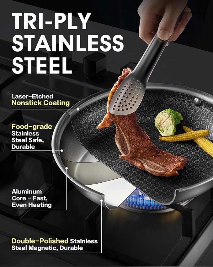 Nonstick Frying Pans with Lid,8/10/12 inch Stainless Steel Skillet Set with Honeycomb Surface, Induction Compatible, Oven & Dishwasher Safe, PFAS-Free Cookware Sets (Stainless Steel, Frying Pan 6PCS)