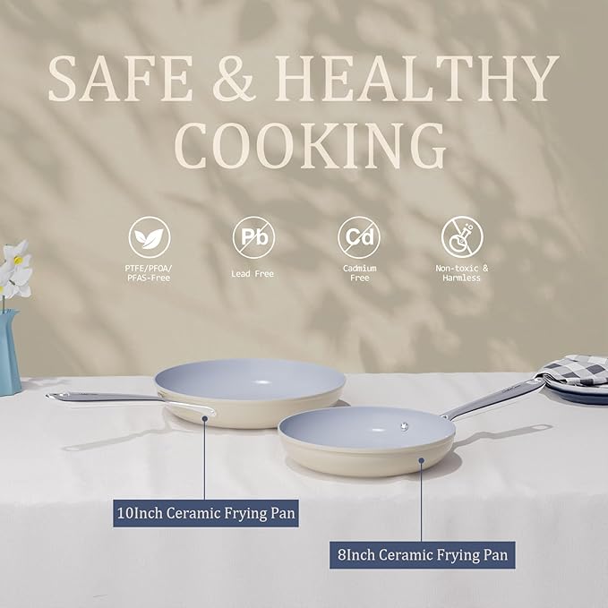 Nonstick Ceramic Frying Pan 10" Non Toxic Cooking Skillet for Eggs Pancakes & Stir Fry, Even Heat Distribution PTFE/PFOA/PFAS Free, Ergonomic Stainless Steel Handle Compatible, Cream