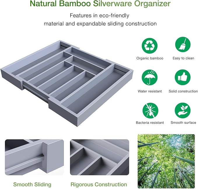 Pipishell Bamboo Expandable Drawer Organizer for Utensils Holder, Adjustable Cutlery Tray, Wood Drawer Dividers Organizer for Silverware, Flatware, Knives in Kitchen, Bedroom, Living Room(Grey)