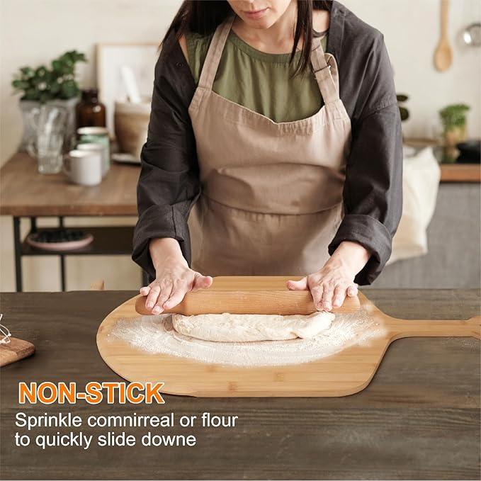 16 inch Natural Bamboo Pizza Peel Set of 2, Double-Sided Use Pizza Cutting Board with 8 Slice Grooves for Pizza, Bread, Cheese, Vegetable, Fruits