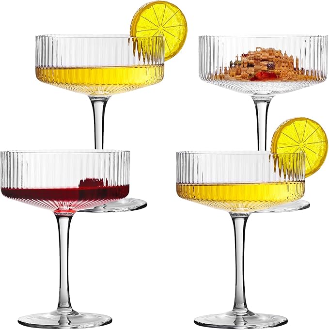 Martini Glass Set of 4, Ribbed Coupe Cocktail Glasses 10 oz Classic Old Styling Martini Glass Set with Gift Box Packaging Elegant Hand Blown Manhattan Goblet for Cocktail, Champagne