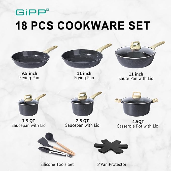 GiPP Ceramic Nonstick Pots and Pans Set - 18 Pcs Non Stick Cookware Set, Non-toxic Healthy Kitchen Cooking Set w/Frying Pans Set, Dishwasher Safe, PFAS PTFE PFOA PFOS Free