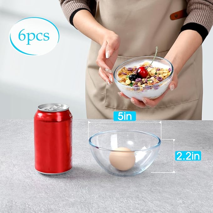 NUTRIUPS 5 Inch Mini Glass Bowls Set of 6, Tempered Glass Snack Bowls for Kitchen Microwave and Oven Safe
