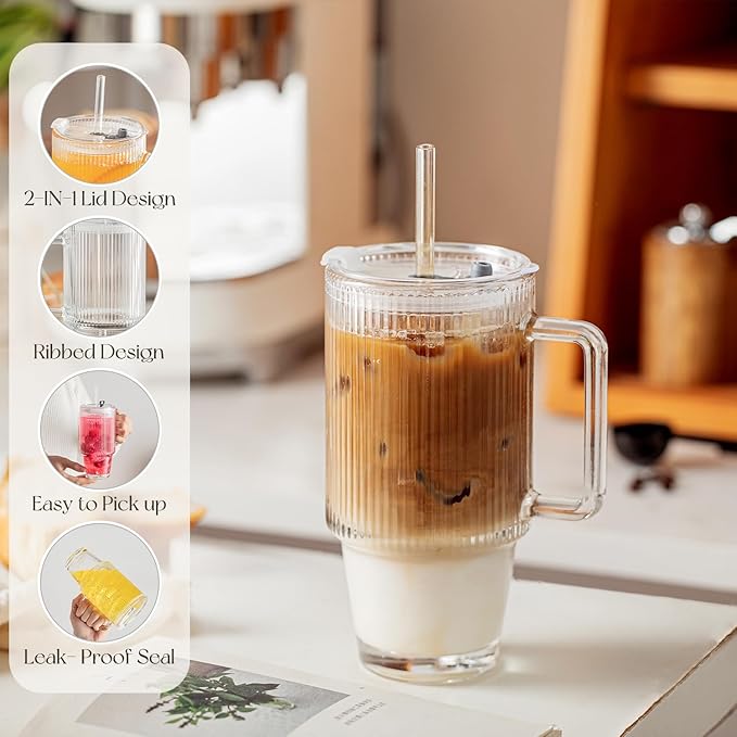 KEMORELA 4PCS 24oz Ribbed Glass Tumblers with Lids & Straws – Textured Handle Drinking Glasses for Iced Coffee, Smoothies, Cold Beverages – Reusable Clear Drinkware Set, Dishwasher Safe