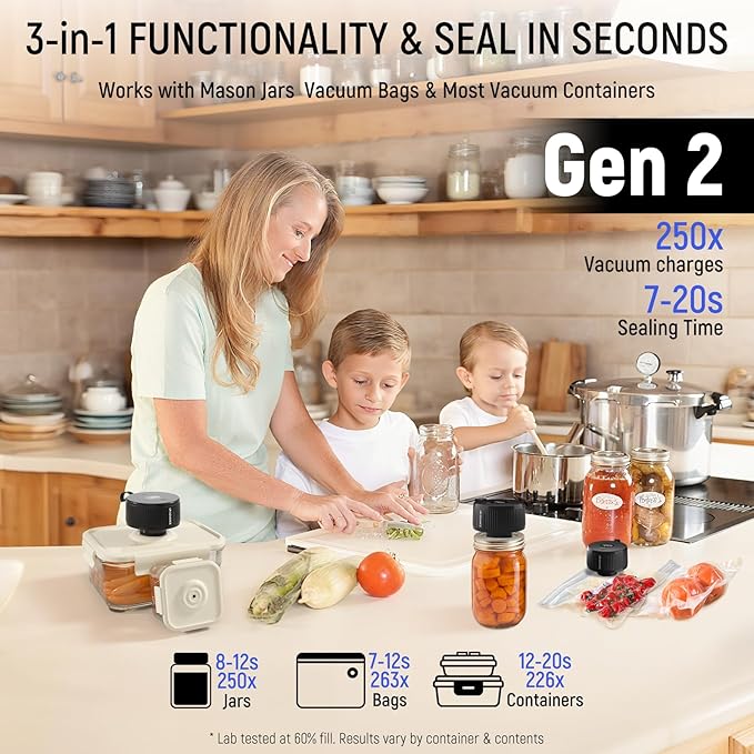 2nd Gen Electric Mason Jar Vacuum Sealer, 3-in-1 Auto-Stop Vacuum Sealer for Jars, Bags & Containers, 1H Fast Charge, 4H Battery Life, Up to 250 Seals, Mason Jar Sealer in 7s Easy One-Handed Operation