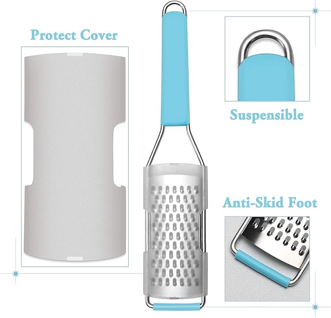 Cambom Lemon Zester Grater Three-piece Suit - Heavy Duty Kitchen Tool for Parmesan Cheese, Ginger, Garlic, Nutmeg, Chocolate, Vegetables，Fruits，Stainless Steel Grater Dishwasher Safe Blue