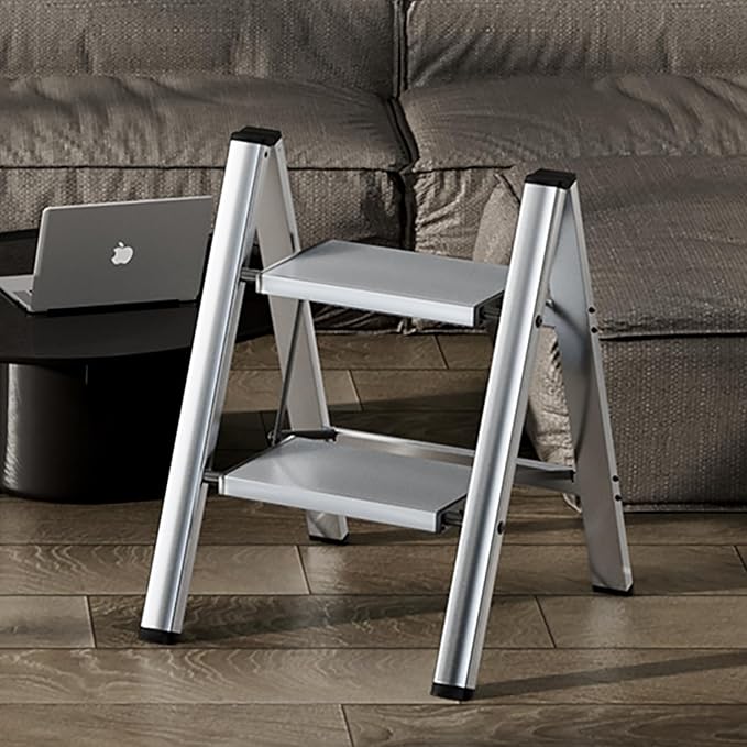 HillhutApex 2 Step Stool, Aluminum Foldable Step Ladder, Lightweight Stable Stool with Wide Non-Slip Pedals, 330lbs Bearing Capacity Ladder for Office,Home,Kitchen - Silver